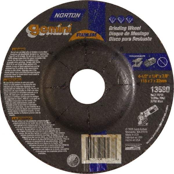 Norton - 24 Grit, 4-1/2" Wheel Diam, 1/4" Wheel Thickness, 7/8" Arbor Hole, Type 27 Depressed Center Wheel - Aluminum Oxide - Exact Tool & Supply