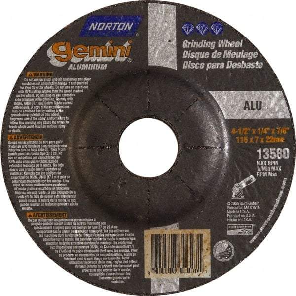 Norton - 24 Grit, 4-1/2" Wheel Diam, 1/4" Wheel Thickness, 7/8" Arbor Hole, Type 27 Depressed Center Wheel - Aluminum Oxide, 13,580 Max RPM - Exact Tool & Supply