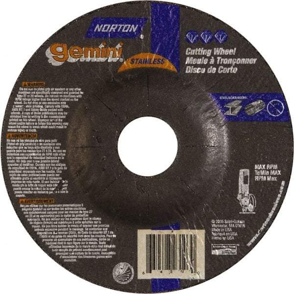 Norton - 36 Grit, 5" Wheel Diam, 3/32" Wheel Thickness, 7/8" Arbor Hole, Type 27 Depressed Center Wheel - Aluminum Oxide - Exact Tool & Supply