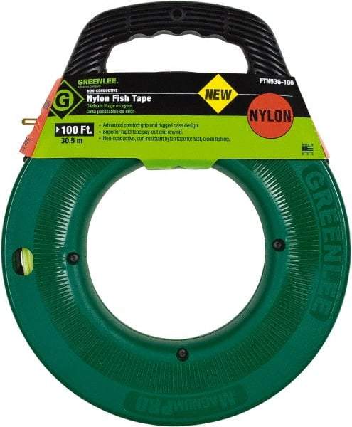 Greenlee - 100 Ft. Long x 3/16 Inch Wide, Nylon Fish Tape - 250 Lb. Pulling Strength, Includes Case - Exact Tool & Supply