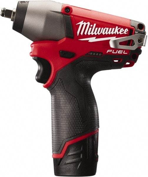 Milwaukee Tool - 3/8" Drive 12 Volt Pistol Grip Cordless Impact Wrench & Ratchet - 0 to 2,650 RPM, 0 to 3,500 BPM, 116.66 Ft/Lb Torque, 2 Lithium-Ion Batteries Included - Exact Tool & Supply