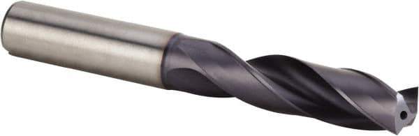 Kennametal - 17/32" 140° Spiral Flute Solid Carbide Screw Machine Drill Bit - Multilayer TiAlN Finish, Right Hand Cut, 60mm Flute Length, 107mm OAL, Standard Point, Straight Shank, Through Coolant - Exact Tool & Supply