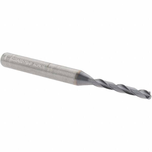 Kennametal - 1/8" 135° Solid Carbide Jobber Drill - Multilayer TiAlN Finish, Right Hand Cut, Spiral Flute, Straight Shank, 66mm OAL, Standard Point - Exact Tool & Supply
