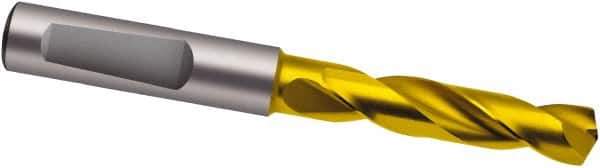 Guhring - 9.5mm 140° Spiral Flute Solid Carbide Screw Machine Drill Bit - TiN Finish, Right Hand Cut, 47mm Flute Length, 89mm OAL, SU Point, Whistle Notch Shank - Exact Tool & Supply