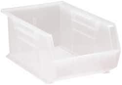 Quantum Storage - 60 Lb. Load Capacity, 13-5/8" Deep, Clear Polypropylene Hopper Stacking Bin - 6" High x 8-1/4" Wide x 13-5/8" Long - Exact Tool & Supply