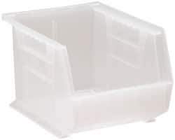 Quantum Storage - 50 Lb. Load Capacity, 10-3/4" Deep, Clear Polypropylene Hopper Stacking Bin - 7" High x 8-1/4" Wide x 10-3/4" Long - Exact Tool & Supply