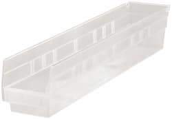 Quantum Storage - 50 Lb. Load Capacity, 23-5/8" Deep, Clear Polypropylene Hopper Shelf Bin - 4" High x 4-1/8" Wide x 23-5/8" Long - Exact Tool & Supply