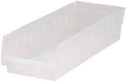 Quantum Storage - 40 Lb. Load Capacity, 17-7/8" Deep, Clear Polypropylene Hopper Shelf Bin - 4" High x 6-5/8" Wide x 17-7/8" Long - Exact Tool & Supply