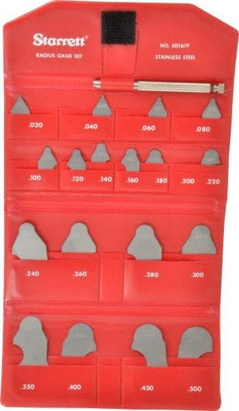 Starrett - 19 Piece, 0.35 to 1/2 Inch Radius, Stainless Steel Radius Gage Set - Satin Chrome Coated - Exact Tool & Supply