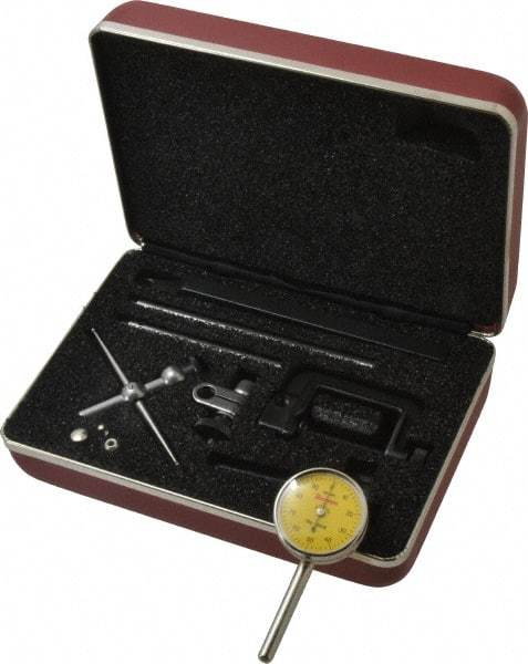 Starrett - 10 Piece, 2.5mm to 5mm Measuring Range, 1-7/16" Dial Diam, 0-100 Dial Reading, Yellow Dial Test Indicator Kit - 0.02mm Dial Graduation - Exact Tool & Supply