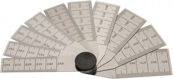 Starrett - 1/2 to 1 Inch Measurement, 10 Leaf Taper Gage - 2-3/4 Inch Long, Tempered Steel, 0.001 Inch Graduation - Exact Tool & Supply