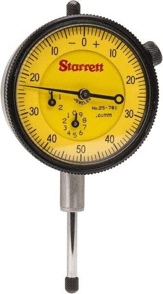 Starrett - 25mm Range, 0-50-0 Dial Reading, 0.01mm Graduation Dial Drop Indicator - 2-1/4" Dial, 1mm Range per Revolution - Exact Tool & Supply