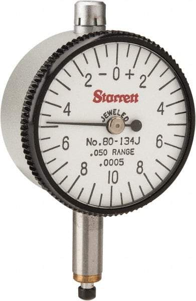 Starrett - 0.05" Range, 0-10-0 Dial Reading, 0.0005" Graduation Dial Drop Indicator - 1-1/4" Dial, 0.02" Range per Revolution - Exact Tool & Supply