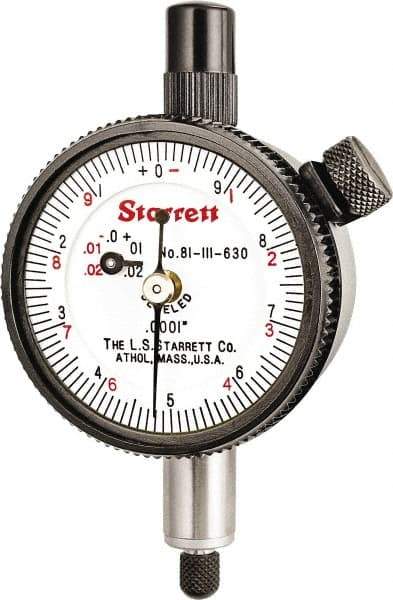 Starrett - 0.025" Range, 0-10 (Continuous), 0-5-0 (Balanced) Dial Reading, 0.0001" Graduation Dial Drop Indicator - 1-11/16" Dial, 0.01" Range per Revolution, Revolution Counter - Exact Tool & Supply