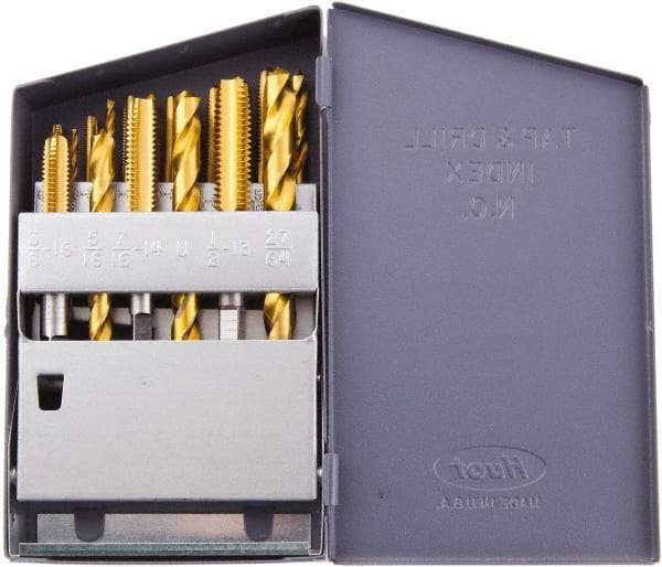 Regal Cutting Tools - #7, #21, #25, #29, #36 Drill, F to U Drill, #6-32 to 1/2-13 Tap, Spiral Point Tap and Drill Set - TiN Finish High Speed Steel Drills, TiN Finish High Speed Steel Taps, 18 Piece Set - Exact Tool & Supply
