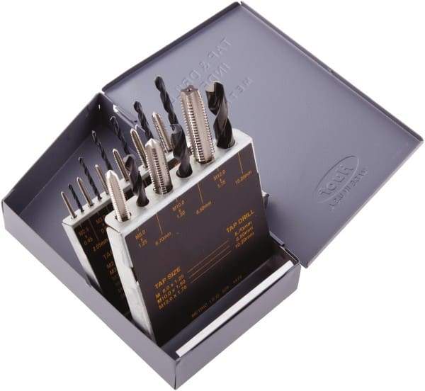 Regal Cutting Tools - 2.05 to 10.2mm Drill, M2.5x0.45 to M12x1.75 Tap, Metric Tap and Drill Set - Bright Finish High Speed Steel Drills, Bright Finish High Speed Steel Taps, 16 Piece Set - Exact Tool & Supply