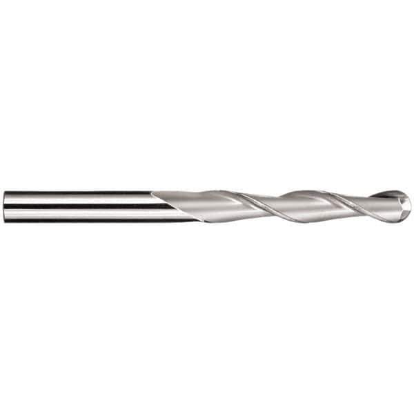 SGS - 3/8" Diam, 1-3/4" LOC, 2 Flute Solid Carbide Ball End Mill - AlTiN Finish, Single End, 4" OAL, 3/8" Shank Diam, Spiral Flute - Exact Tool & Supply