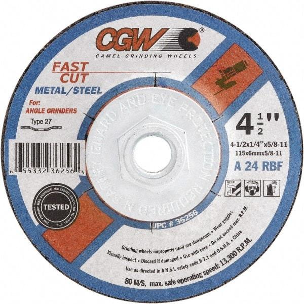 Camel Grinding Wheels - 24 Grit, 5" Wheel Diam, 1/4" Wheel Thickness, Type 27 Depressed Center Wheel - Coarse Grade, Aluminum Oxide, Resinoid Bond, 12,250 Max RPM - Exact Tool & Supply