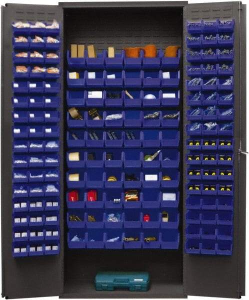 Durham - 156 Bin Storage Cabinet - Steel, 36" Wide x 18" Deep x 84" High, Blue - Exact Tool & Supply