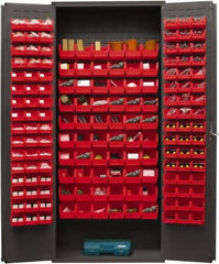 Durham - 156 Bin Storage Cabinet - Steel, 36" Wide x 18" Deep x 84" High, Red - Exact Tool & Supply