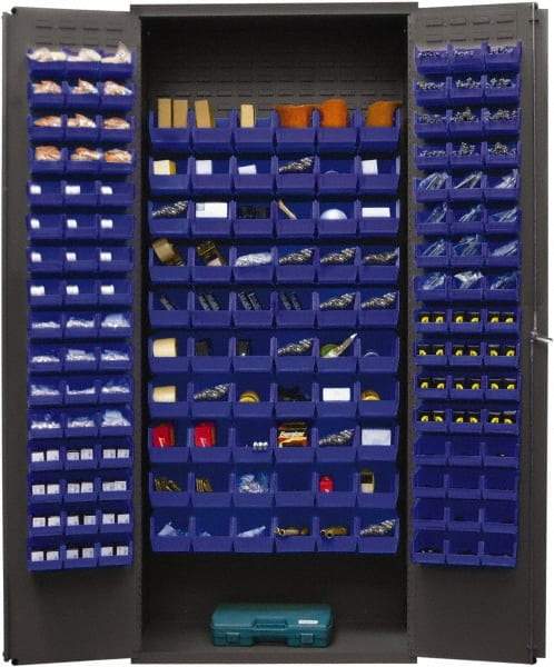 Durham - 156 Bin Storage Cabinet - Steel, 36" Wide x 18" Deep x 84" High, Blue - Exact Tool & Supply