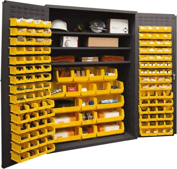 Durham - 3 Shelf 138 Bin Storage Cabinet - Steel, 48" Wide x 24" Deep x 72" High, Yellow - Exact Tool & Supply