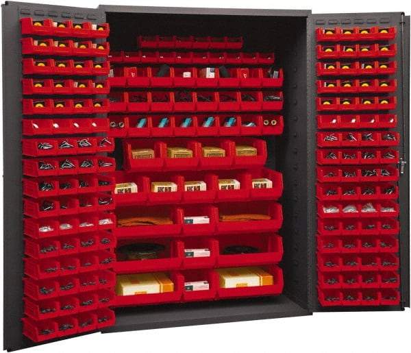 Durham - 186 Bin Storage Cabinet - Steel, 48" Wide x 24" Deep x 72" High, Red - Exact Tool & Supply
