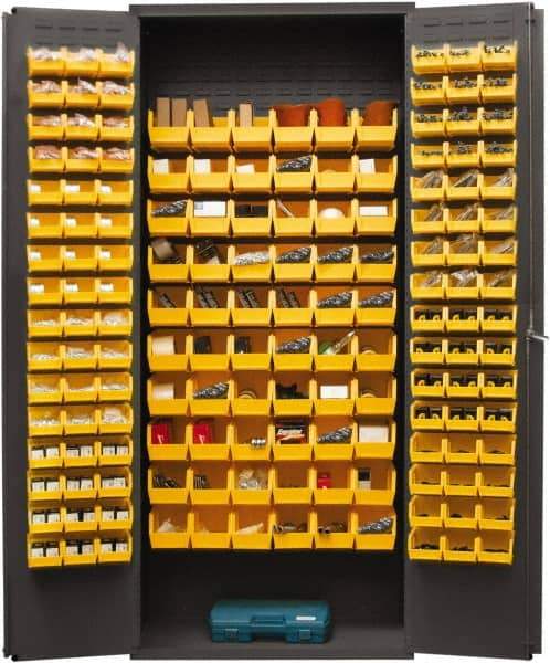 Durham - 156 Bin Storage Cabinet - Steel, 36" Wide x 18" Deep x 84" High, Yellow - Exact Tool & Supply
