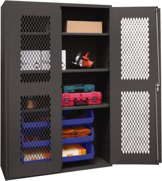 Durham - 3 Shelf 6 Bin Storage Cabinet - Steel, 48" Wide x 24" Deep x 72" High, Blue - Exact Tool & Supply