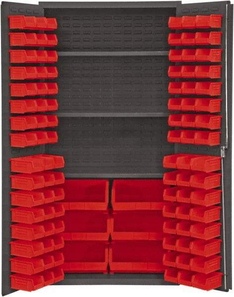 Durham - 3 Shelf 102 Bin Storage Cabinet - Steel, 36" Wide x 24" Deep x 72" High, Red - Exact Tool & Supply
