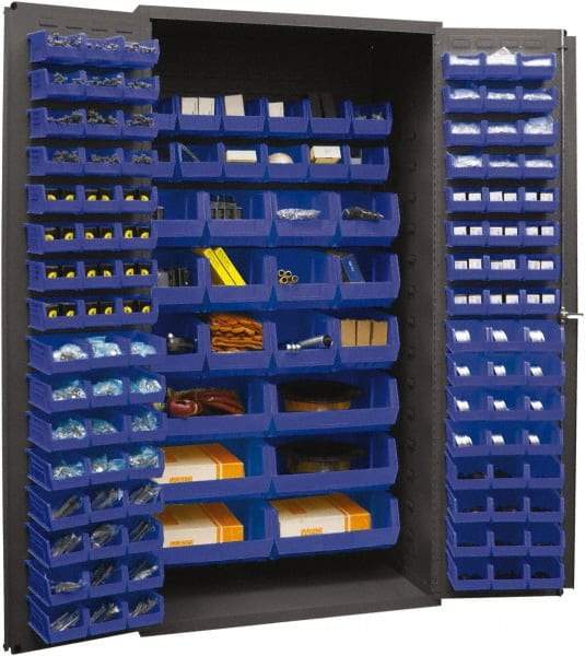 Durham - 126 Bin Storage Cabinet - Steel, 36" Wide x 24" Deep x 72" High, Blue - Exact Tool & Supply