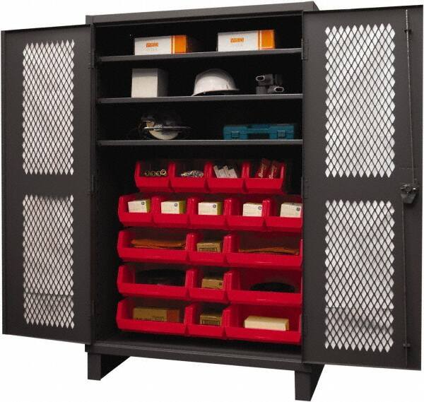 Durham - 3 Shelf 18 Bin Storage Cabinet - Steel, 48" Wide x 24" Deep x 78" High, Red - Exact Tool & Supply