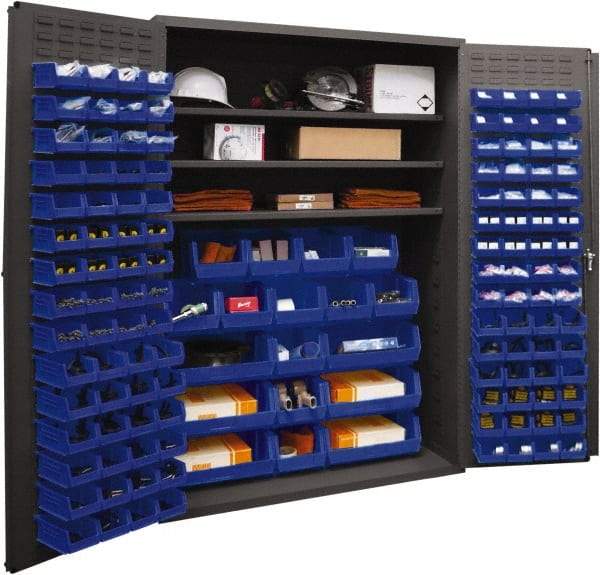 Durham - 3 Shelf 138 Bin Storage Cabinet - Steel, 48" Wide x 24" Deep x 72" High, Blue - Exact Tool & Supply