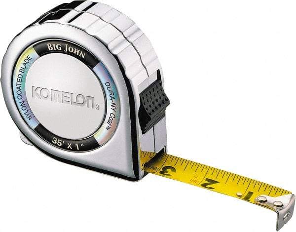 Komelon - 35' x 1" Yellow Steel Blade Tape Measure - 1/16" Graduation, Inch Graduation Style, Chrome Metal Case - Exact Tool & Supply