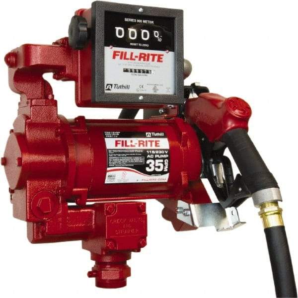 Tuthill - 35 GPM, 1" Hose Diam, Gasoline, Kerosene & Diesel Fuel AC High Flow Tank Pump with Auto Nozzle & 901 Meter - Cast Iron Pump, 1-1/4" Inlet, 1" Outlet, 115/230 Volts, 18' Hose Length, 3/4 hp - Exact Tool & Supply