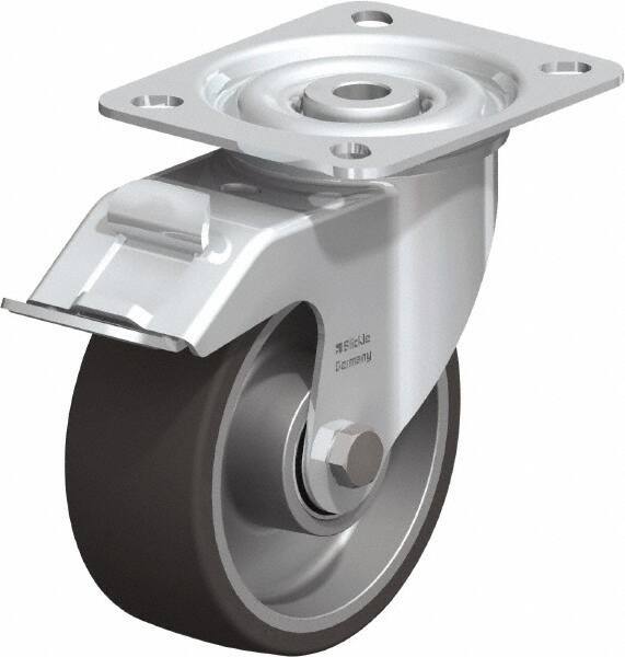 Blickle - 4" Diam x 1-9/16" Wide x 4-59/64" OAH Top Plate Mount Swivel Caster with Brake - Polyurethane-Elastomer, 220 Lb Capacity, Ball Bearing, 3-15/16 x 3-3/8" Plate - Exact Tool & Supply
