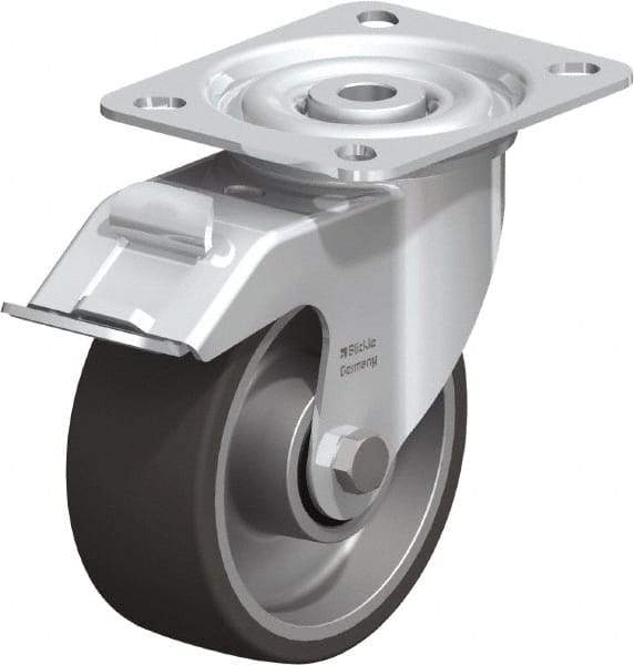 Blickle - 4" Diam x 1-9/16" Wide x 4-59/64" OAH Top Plate Mount Swivel Caster with Brake - Polyurethane-Elastomer, 220 Lb Capacity, Plain Bore Bearing, 3-15/16 x 3-3/8" Plate - Exact Tool & Supply