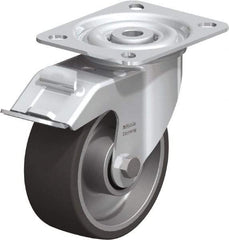 Blickle - 4" Diam x 1-9/16" Wide x 4-59/64" OAH Top Plate Mount Swivel Caster with Brake - Polyurethane-Elastomer, 220 Lb Capacity, Plain Bore Bearing, 3-15/16 x 3-3/8" Plate - Exact Tool & Supply