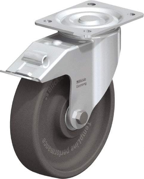 Blickle - 8" Diam x 2" Wide x 9-1/4" OAH Top Plate Mount Swivel Caster with Brake - Heat-Resistant Nylon, 770 Lb Capacity, Ball Bearing, 5-1/2 x 4-3/8" Plate - Exact Tool & Supply