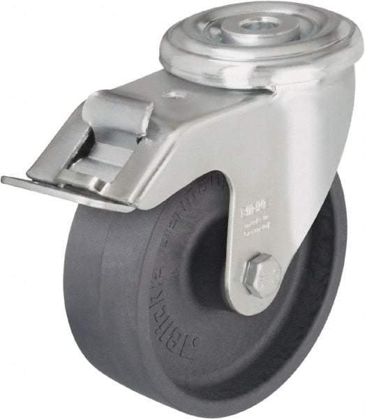 Blickle - 5" Diam x 1-3/16" Wide x 5-7/8" OAH Hollow Kingpin Mount Swivel Caster with Brake - Heat-Resistant Nylon, 330 Lb Capacity, Plain Bore Bearing, Hollow Kingpin Stem - Exact Tool & Supply