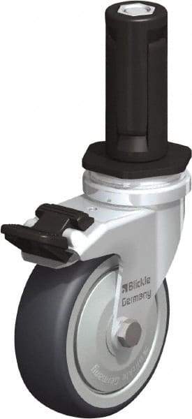 Blickle - 3" Diam x 63/64" Wide x 4" OAH Stem Mount Swivel Caster with Brake - Rubber Elastomer (TPE), 165 Lb Capacity, Ball Bearing, Round Stem - Exact Tool & Supply