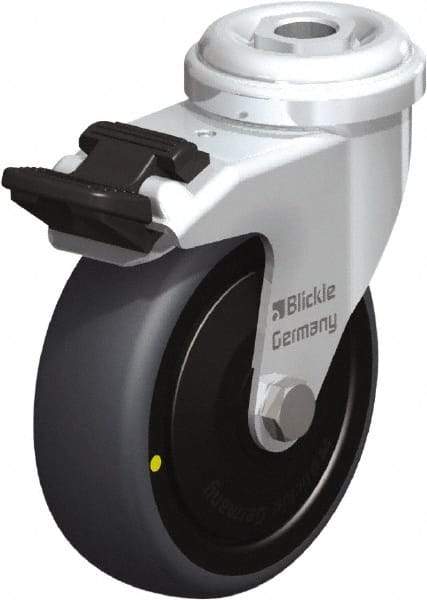 Blickle - 3" Diam x 63/64" Wide x 3-27/32" OAH Hollow Kingpin Mount Swivel Caster with Brake - Rubber Elastomer (TPE), 110 Lb Capacity, Ball Bearing, Hollow Kingpin Stem - Exact Tool & Supply