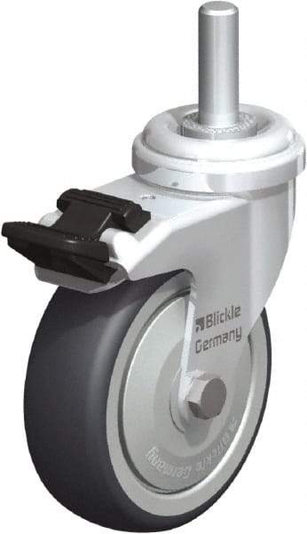 Blickle - 3" Diam x 63/64" Wide x 3-27/32" OAH Stem Mount Swivel Caster with Brake - Rubber Elastomer (TPE), 165 Lb Capacity, Ball Bearing, 3/8 x 1-13/16" Threaded Stem - Exact Tool & Supply