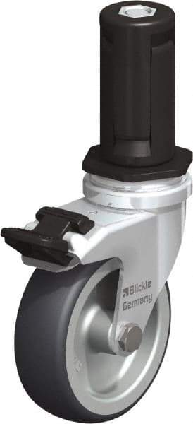 Blickle - 3" Diam x 63/64" Wide x 4" OAH Stem Mount Swivel Caster with Brake - Rubber Elastomer (TPE), 165 Lb Capacity, Plain Bore Bearing, Round Stem - Exact Tool & Supply