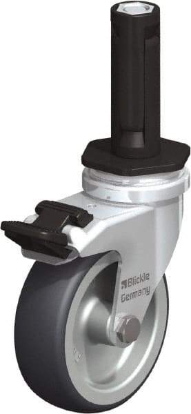 Blickle - 3" Diam x 63/64" Wide x 4" OAH Stem Mount Swivel Caster with Brake - Rubber Elastomer (TPE), 165 Lb Capacity, Plain Bore Bearing, Round Stem - Exact Tool & Supply