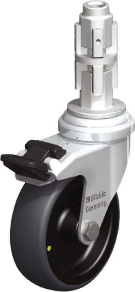 Blickle - 3" Diam x 63/64" Wide x 4" OAH Metal Expander Mount Swivel Caster with Brake - Rubber Elastomer (TPE), 110 Lb Capacity, Plain Bore Bearing, Metal Expander Stem - Exact Tool & Supply