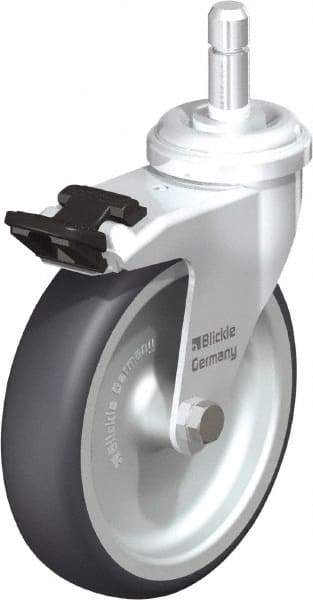 Blickle - 4" Diam x 63/64" Wide x 4-49/64" OAH Stem Mount Swivel Caster with Brake - Rubber Elastomer (TPE), 154 Lb Capacity, Plain Bore Bearing, Friction Stem - Exact Tool & Supply