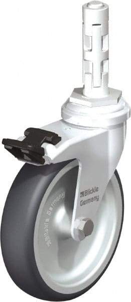 Blickle - 4" Diam x 63/64" Wide x 4-7/8" OAH Metal Expander Mount Swivel Caster with Brake - Rubber Elastomer (TPE), 154 Lb Capacity, Plain Bore Bearing, Metal Expander Stem - Exact Tool & Supply