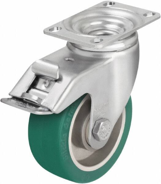 Blickle - 4" Diam x 1-9/16" Wide x 5-1/8" OAH Top Plate Mount Swivel Caster with Brake - Polyurethane-Elastomer Blickle Softhane, 400 Lb Capacity, Ball Bearing, 3-5/8 x 2-1/2" Plate - Exact Tool & Supply