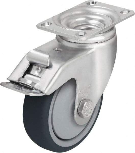 Blickle - 4" Diam x 1-1/4" Wide x 5-1/8" OAH Top Plate Mount Swivel Caster with Brake - Thermoplastic Polyurethane, 400 Lb Capacity, Ball Bearing, 3-5/8 x 2-1/2" Plate - Exact Tool & Supply